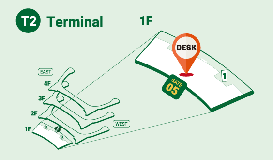 제2여객터미널 위치안내도 : 제2여객터미널 스톱오버 등록 데스크 위치는 5번 출구 근처, 관광 안내소 옆에 있습니다. 